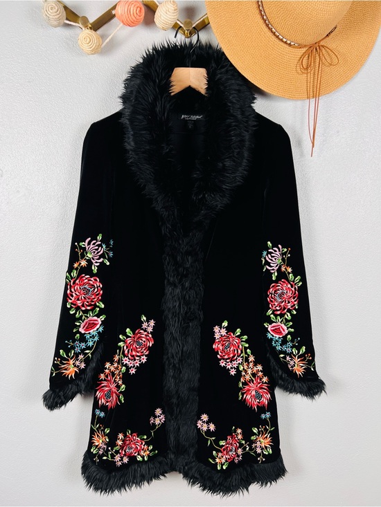 Betsey Johnson Jackets & Blazers - Vintage 90s Betsey Johnson Black Velvet Floral Embroidered Fur Trim Penny Lane